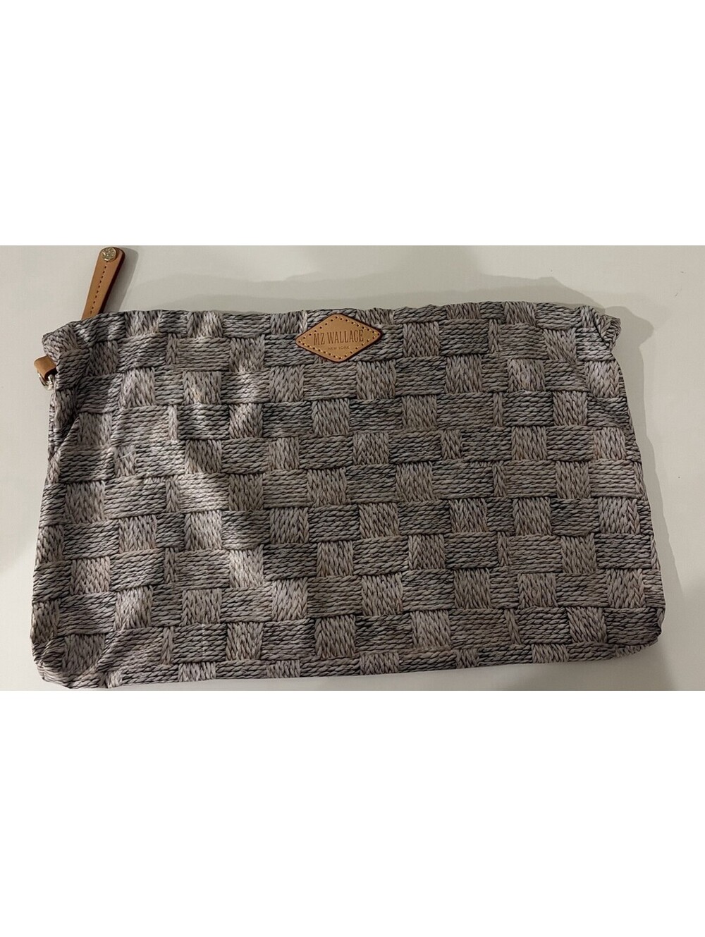 MZ Wallace Travel Pouch Basket Weave Jute Pattern Makeup Bag Gray/Tan 12.5x8